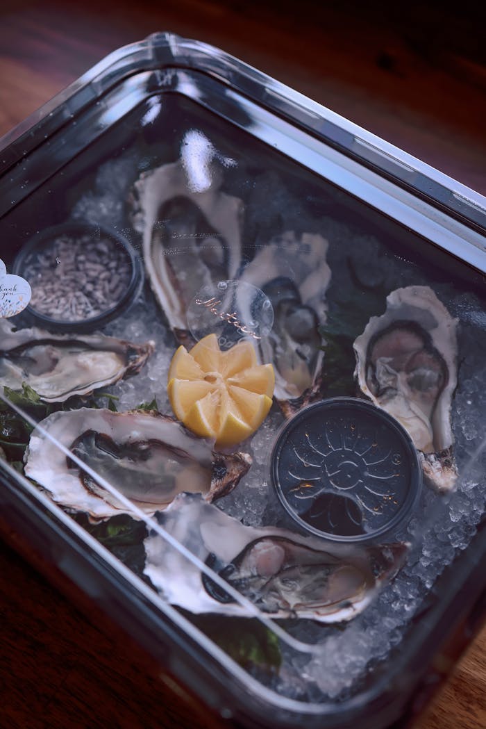 services-02 A seafood delicacy featuring fresh oysters on ice with a lemon slice, perfect for gourmet dining.